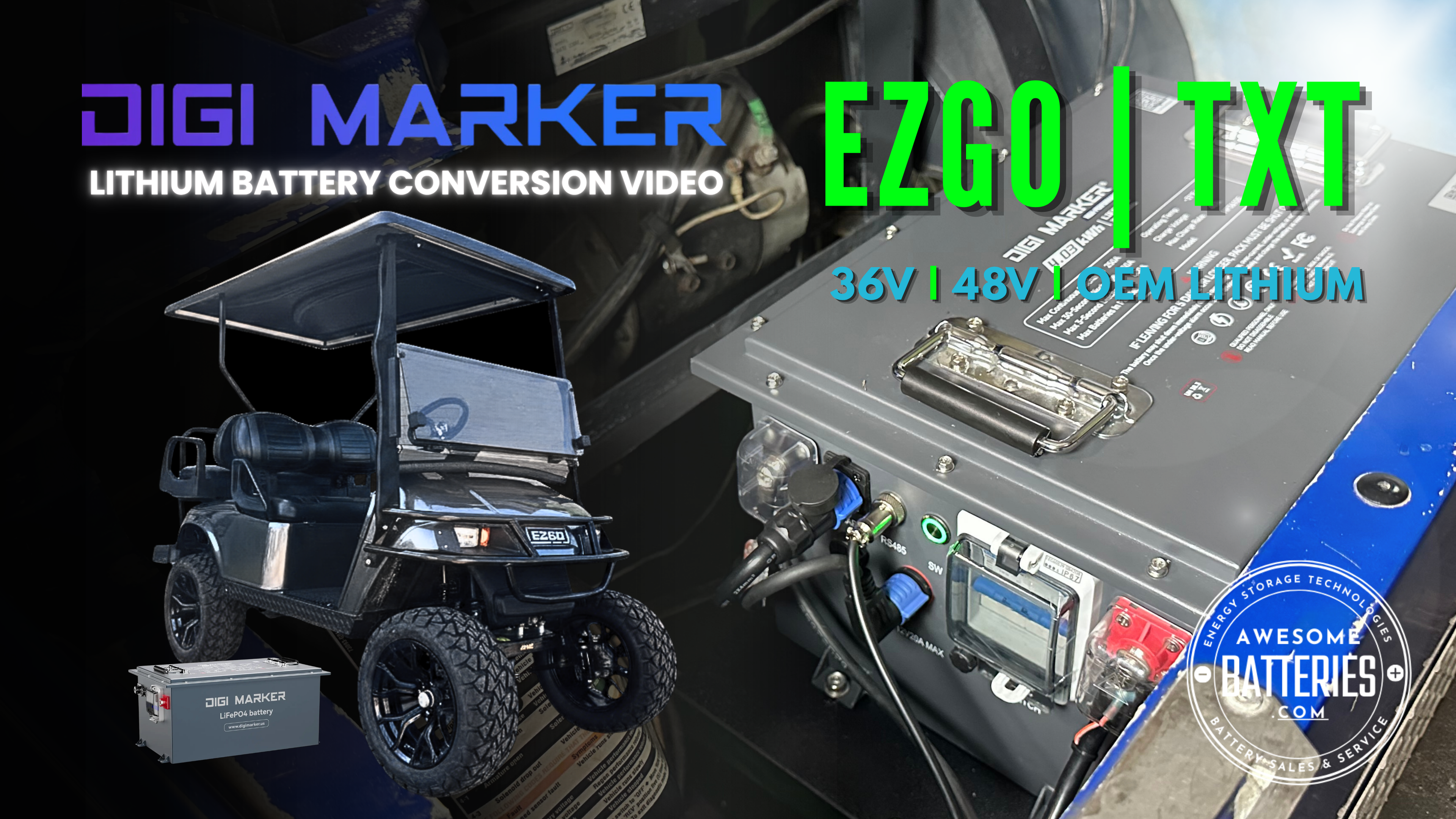 Load video: This is the step by step lithium battery conversion video featuring the DIGIMARKER 36v and 48v HP lithium golf cart batteries and installation kit.