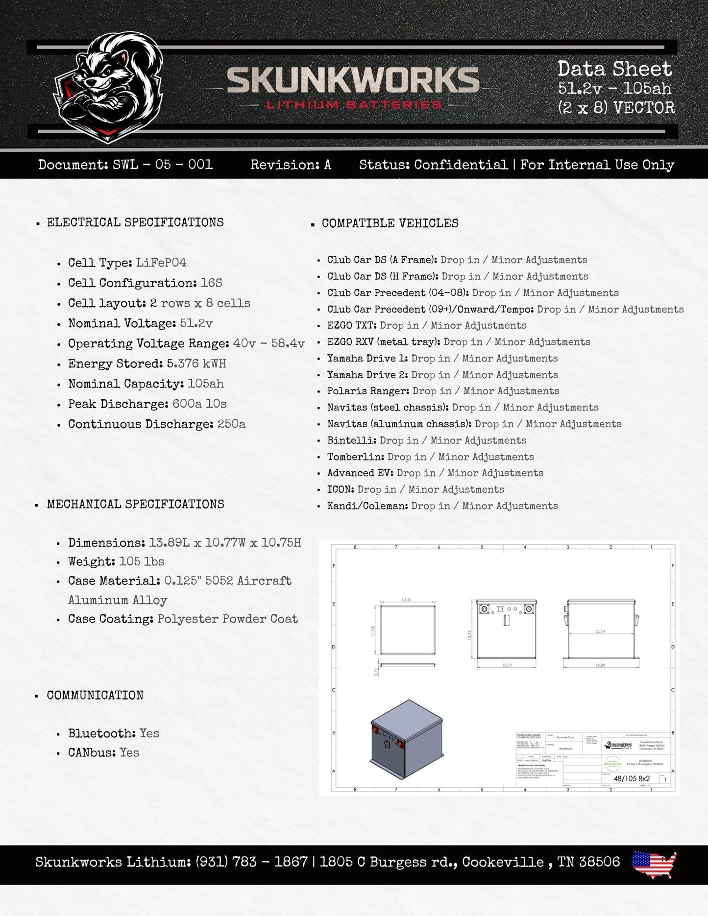 Skunkworks Lithium 51.2v - 105ah Lithium Golf Cart Battery & Installation Kit