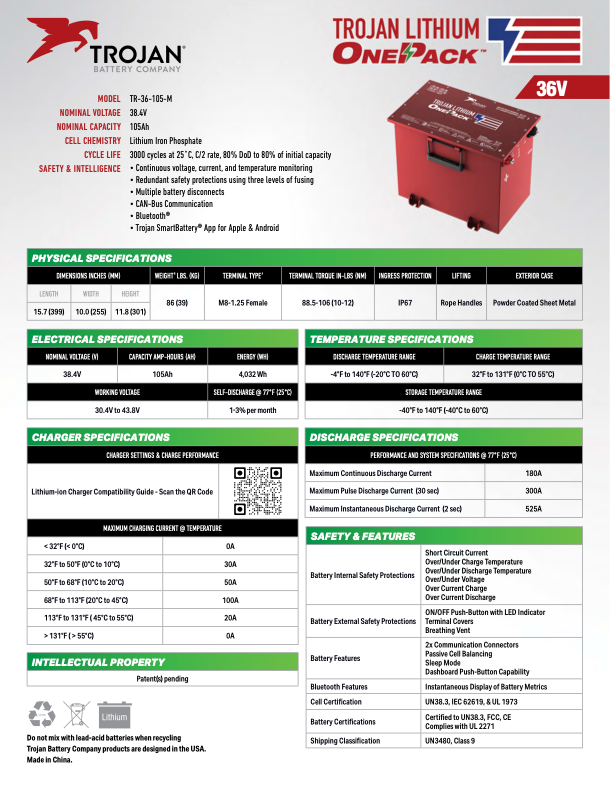 Trojan Battery Co 36v 105ah Lithium Golf Cart Battery and Kit
