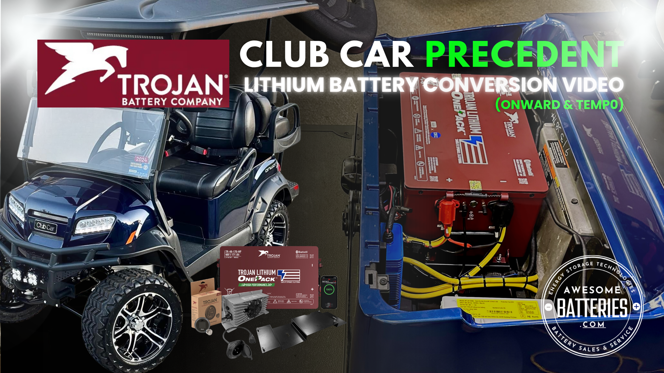 Load video: This is the Trojan Battery Company 51.2 volt 105 amp hour lithium battery installation in a Club Car Precedent, Onward, or Tempo golf cart.