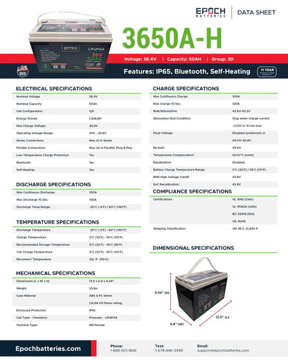 Epoch Batteries 36v - 50ah ESSENTIAL SERIES Marine / RV / Solar Lithium Battery