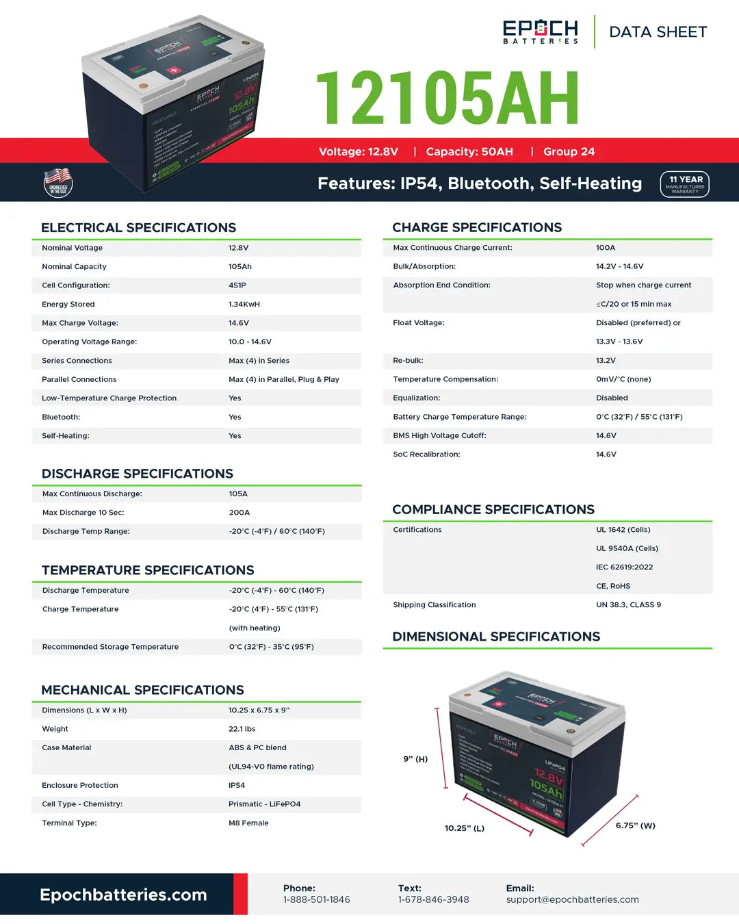 Epoch Batteries 12v - 105ah ESSENTIALS SERIES Marine / RV / Solar Lithium Battery